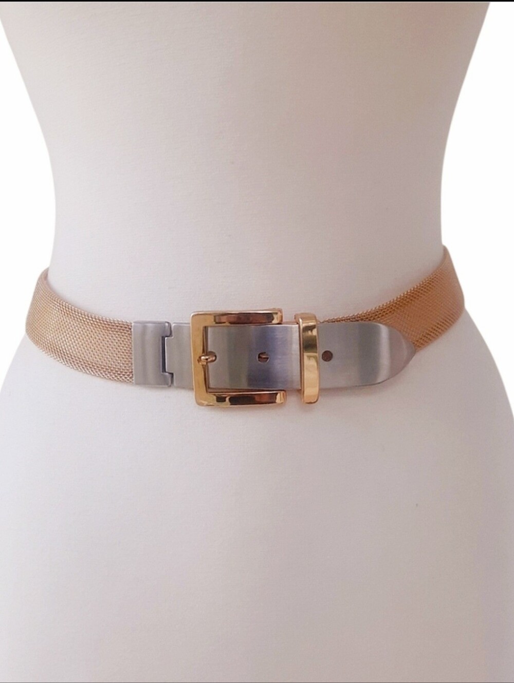 Vintage Metal Mesh Rolled Edge Gold Belt w/ Silver Tip Sz M/32 Made In Italy